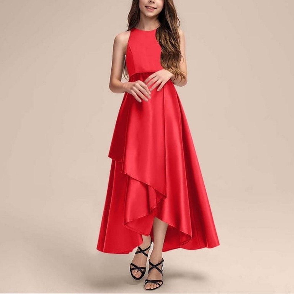 Girls Red Satin High-Low Formal Gown Sleeveless Party Dress Wedding Holiday